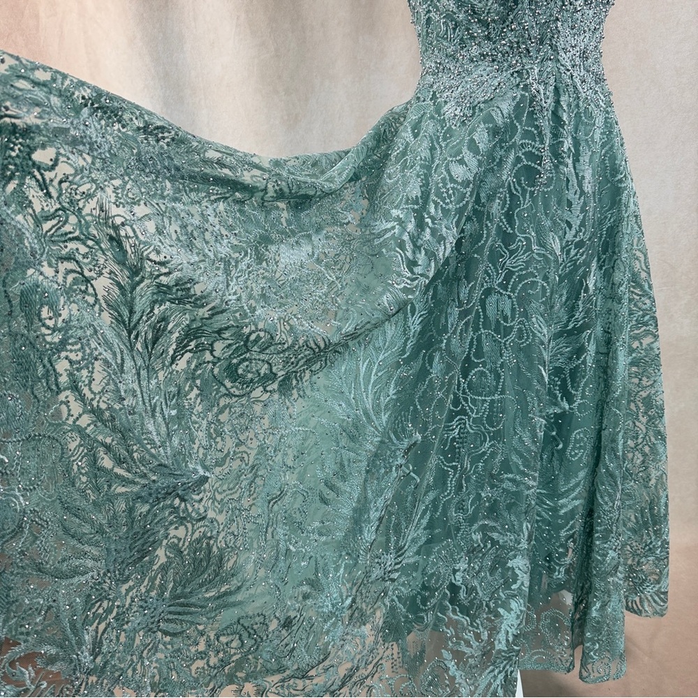 Mac Duggal Teal Beaded Lace Midi Dress Size 6 V-Neck Formal Wedding Guest - Picture 10 of 14